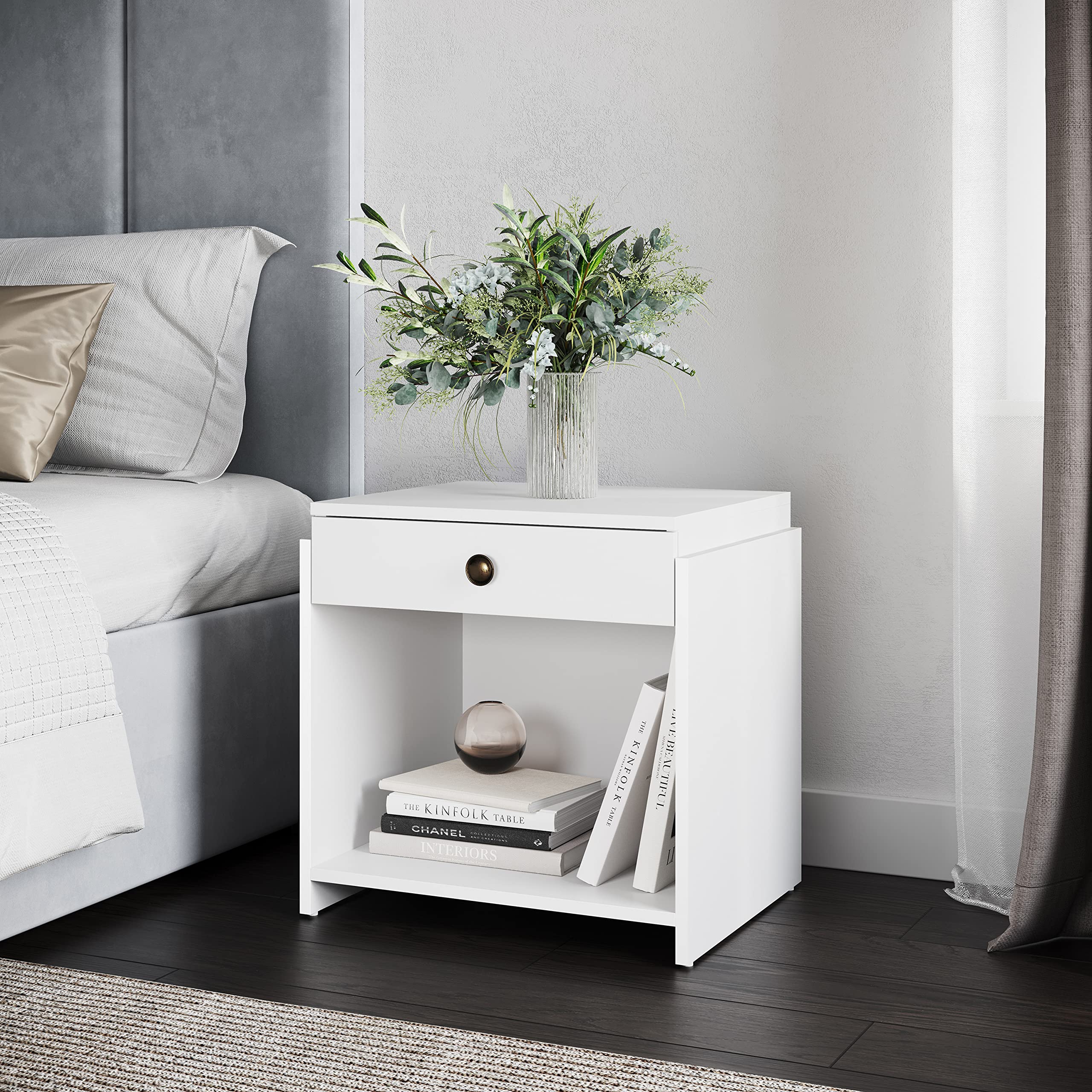Boyd Sleep Bedroom Nightstand Bedside Table: Sydney Single Drawer Storage With Open Shelving, White